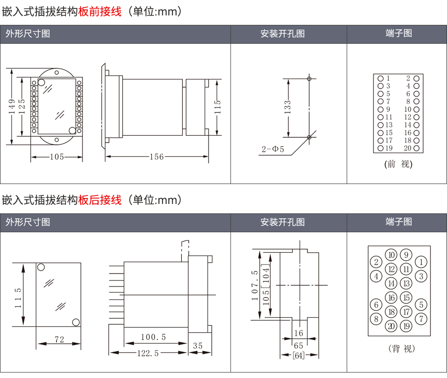 嵌入式插拔結(jié)構(gòu)外形及接線方式