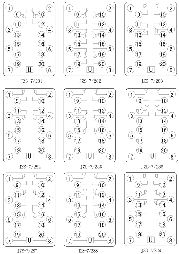 JZS-7/289斷電延時(shí)中間繼電器內(nèi)部接線(xiàn)圖